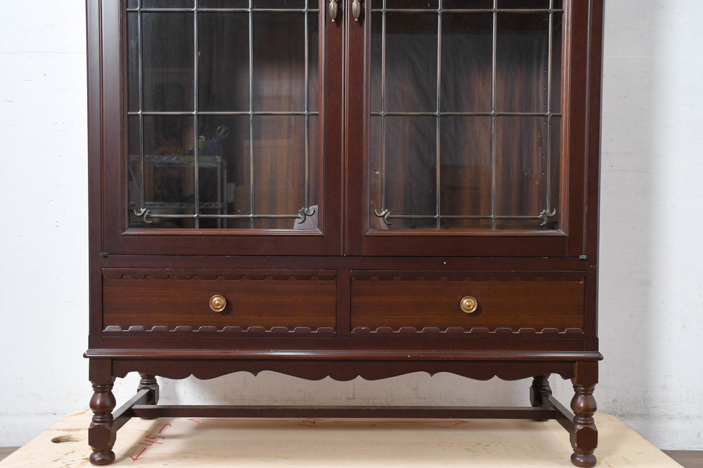 中古　美品　神戸元町欧風家具メープル不二屋製　マホガニー材の高級キャビネット(収納棚、戸棚、サイドキャビネット、飾り棚、本箱、ブックケース)(R-083272)