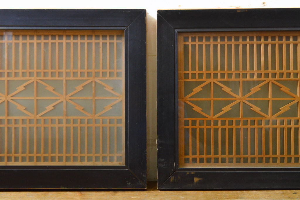 和製ビンテージ　両面ガラス　組子細工が上品なガラス入り欄間2枚セット(ヴィンテージ、明かり取り、明り取り、建具)(R-062232)