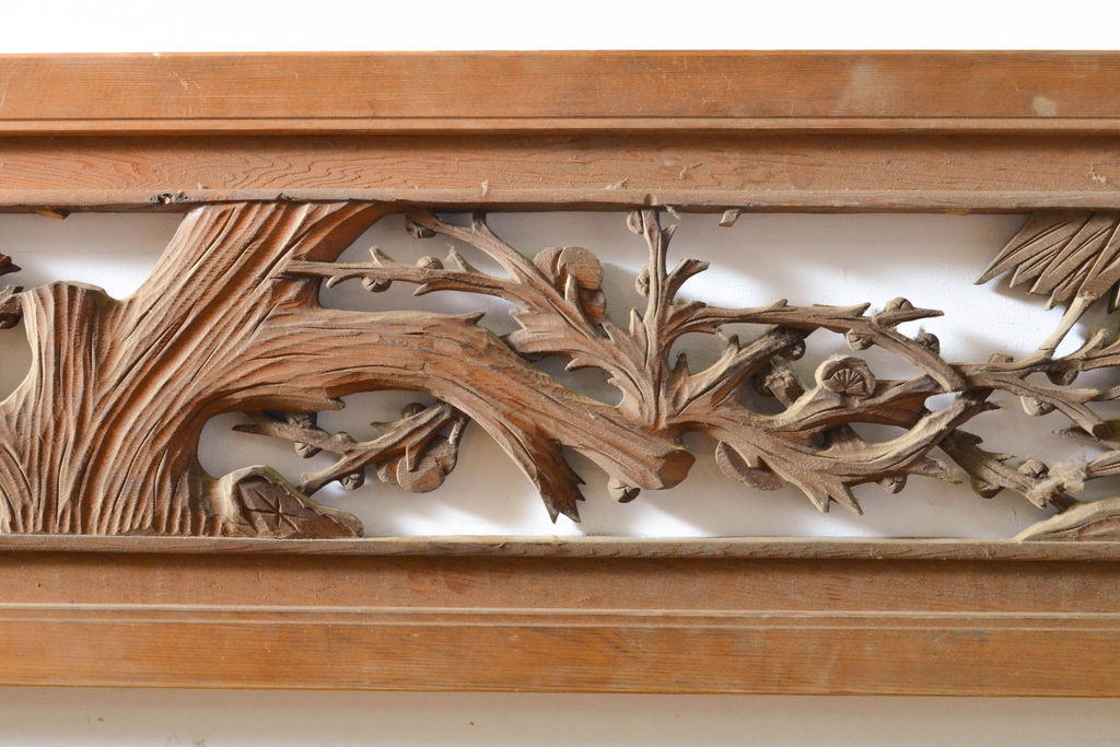 和製ビンテージ　立体感のある彫刻が美しい松竹梅の欄間2枚セット(明り取り、明かり取り、建具、ヴィンテージ)(R-062231)