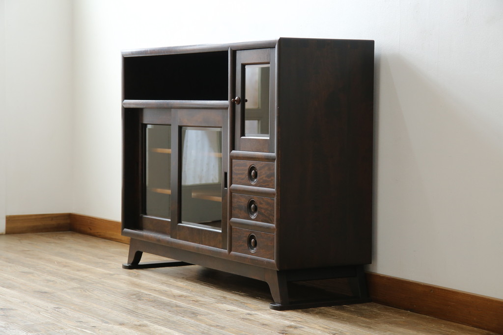 中古　美品　松本民芸家具　どこかレトロな雰囲気も感じる90型茶タンス(サイドボード、戸棚、収納棚)(定価約44万円)(R-070056)