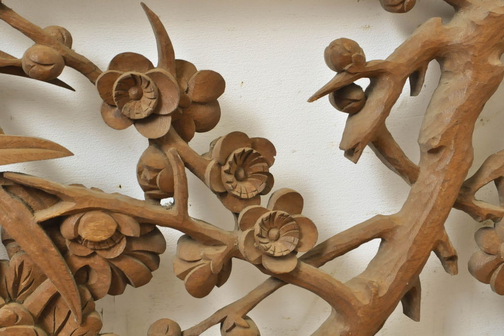 アンティーク建具　彫刻師　山本栄雲作　竹　梅　鳥　花　彫刻欄間2枚セット(明かり取り、明り取り)(R-062479)