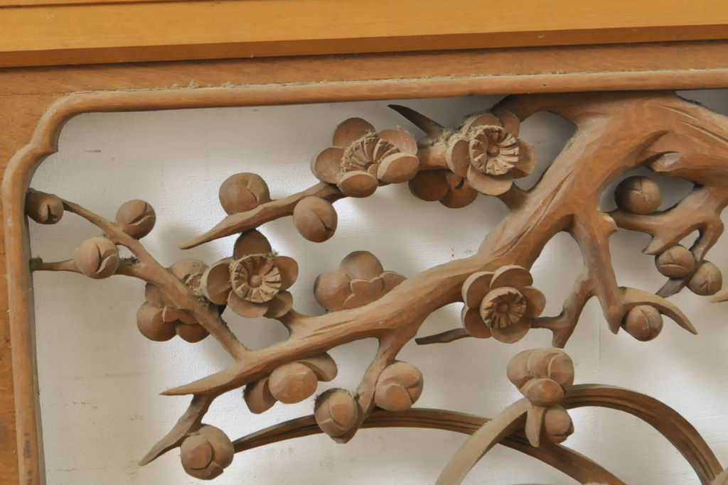 アンティーク建具　彫刻師　山本栄雲作　竹　梅　鳥　花　彫刻欄間2枚セット(明かり取り、明り取り)(R-062479)