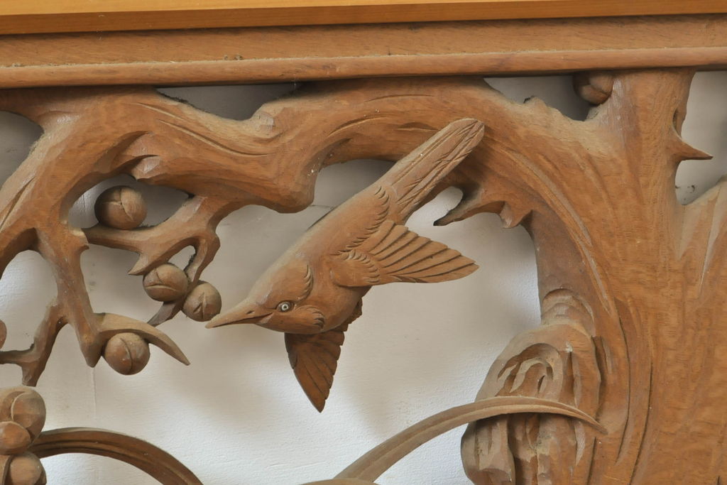 アンティーク建具　彫刻師　山本栄雲作　竹　梅　鳥　花　彫刻欄間2枚セット(明かり取り、明り取り)(R-062479)