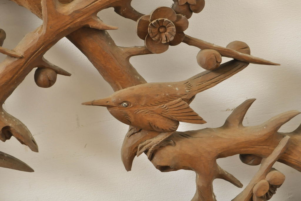 アンティーク建具　彫刻師　山本栄雲作　竹　梅　鳥　花　彫刻欄間2枚セット(明かり取り、明り取り)(R-062479)