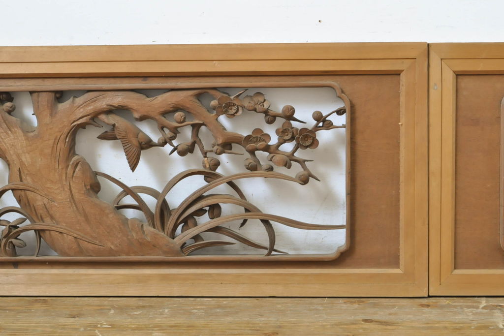 アンティーク建具　彫刻師　山本栄雲作　竹　梅　鳥　花　彫刻欄間2枚セット(明かり取り、明り取り)(R-062479)