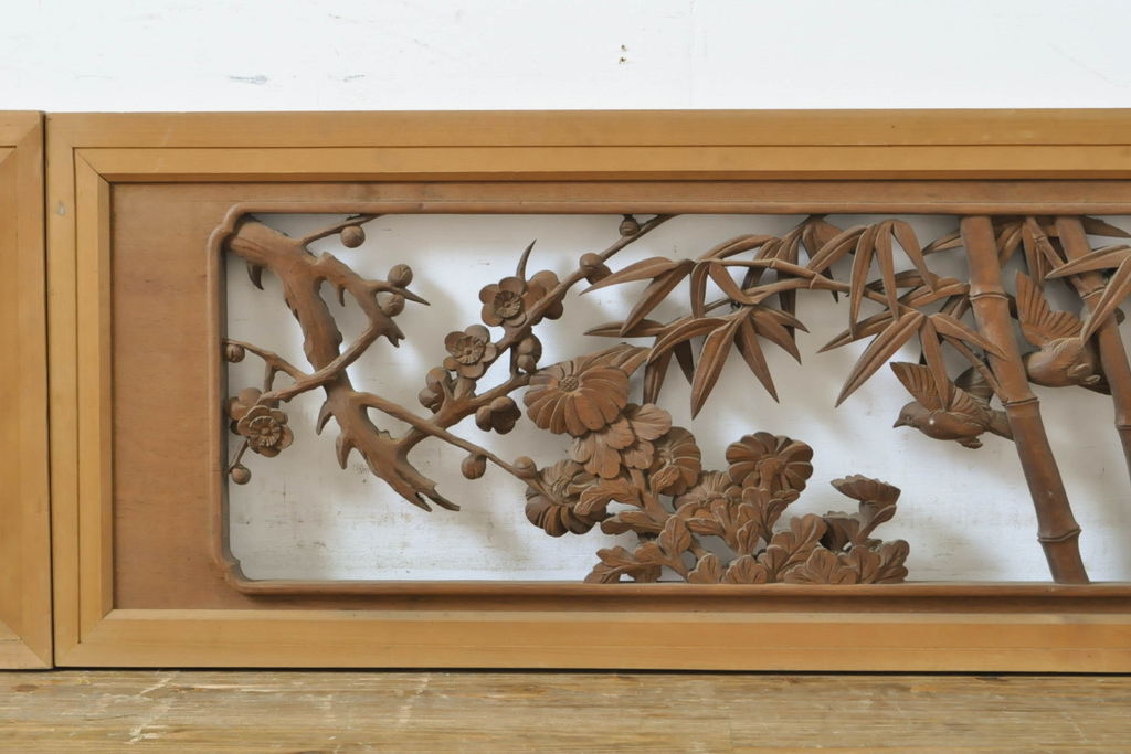 アンティーク建具　彫刻師　山本栄雲作　竹　梅　鳥　花　彫刻欄間2枚セット(明かり取り、明り取り)(R-062479)