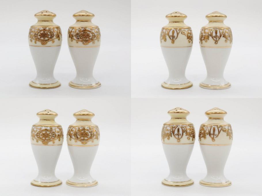 大正〜昭和初期　オールドノリタケ　NORITAKE　意匠登録　金彩　金盛　No.175　ハンドペイント　上品で華やかな佇まいのコーヒーポット・カップ&ソーサー・ソルト&ペッパーシェーカー・プレート2枚セット(デミタス、オーバル、深皿、C&S、洋食器)(R-083293)