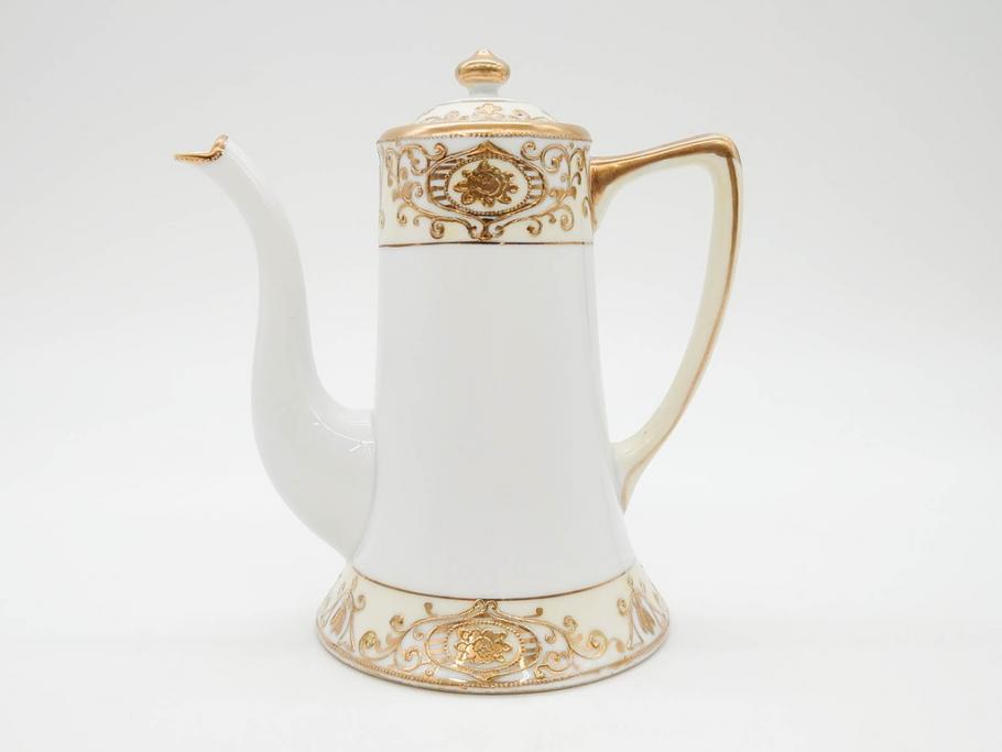 大正〜昭和初期　オールドノリタケ　NORITAKE　意匠登録　金彩　金盛　No.175　ハンドペイント　上品で華やかな佇まいのコーヒーポット・カップ&ソーサー・ソルト&ペッパーシェーカー・プレート2枚セット(デミタス、オーバル、深皿、C&S、洋食器)(R-083293)