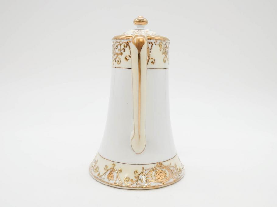大正〜昭和初期　オールドノリタケ　NORITAKE　意匠登録　金彩　金盛　No.175　ハンドペイント　上品で華やかな佇まいのコーヒーポット・カップ&ソーサー・ソルト&ペッパーシェーカー・プレート2枚セット(デミタス、オーバル、深皿、C&S、洋食器)(R-083293)