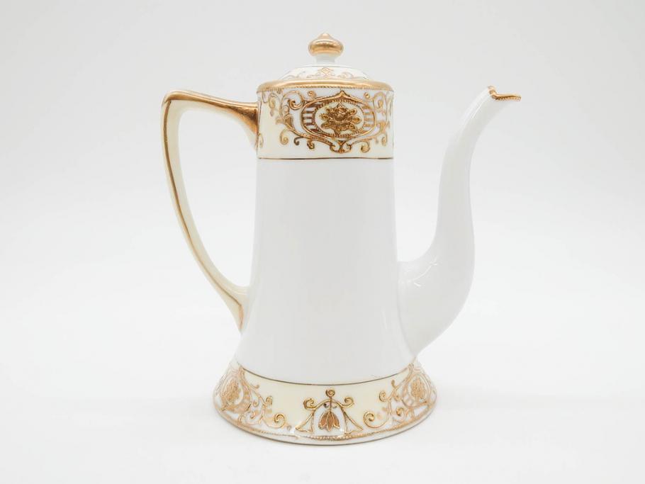 大正〜昭和初期　オールドノリタケ　NORITAKE　意匠登録　金彩　金盛　No.175　ハンドペイント　上品で華やかな佇まいのコーヒーポット・カップ&ソーサー・ソルト&ペッパーシェーカー・プレート2枚セット(デミタス、オーバル、深皿、C&S、洋食器)(R-083293)