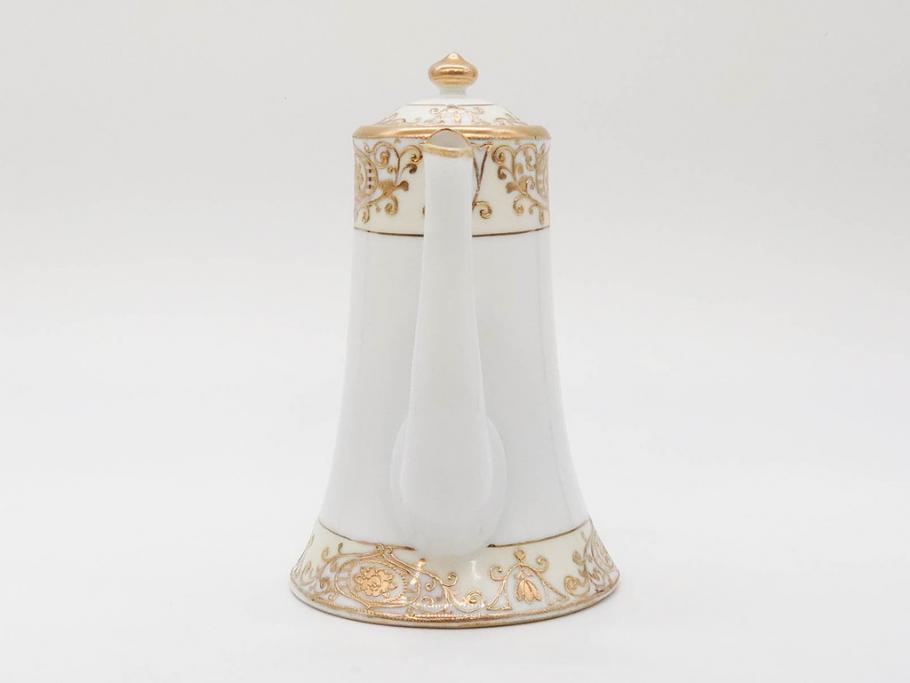 大正〜昭和初期　オールドノリタケ　NORITAKE　意匠登録　金彩　金盛　No.175　ハンドペイント　上品で華やかな佇まいのコーヒーポット・カップ&ソーサー・ソルト&ペッパーシェーカー・プレート2枚セット(デミタス、オーバル、深皿、C&S、洋食器)(R-083293)