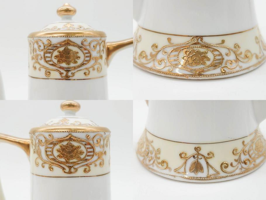 大正〜昭和初期　オールドノリタケ　NORITAKE　意匠登録　金彩　金盛　No.175　ハンドペイント　上品で華やかな佇まいのコーヒーポット・カップ&ソーサー・ソルト&ペッパーシェーカー・プレート2枚セット(デミタス、オーバル、深皿、C&S、洋食器)(R-083293)