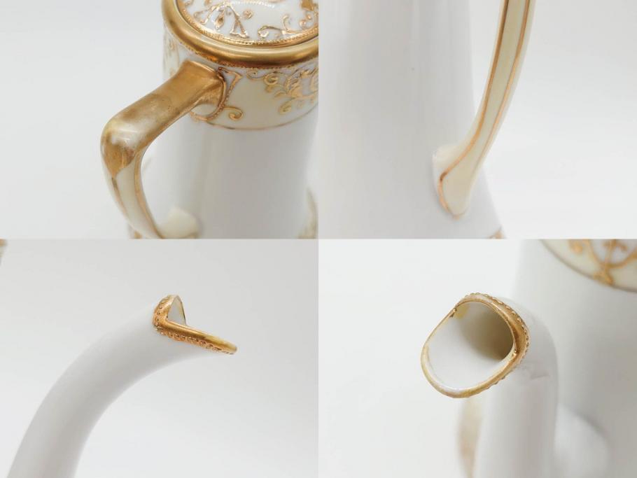 大正〜昭和初期　オールドノリタケ　NORITAKE　意匠登録　金彩　金盛　No.175　ハンドペイント　上品で華やかな佇まいのコーヒーポット・カップ&ソーサー・ソルト&ペッパーシェーカー・プレート2枚セット(デミタス、オーバル、深皿、C&S、洋食器)(R-083293)