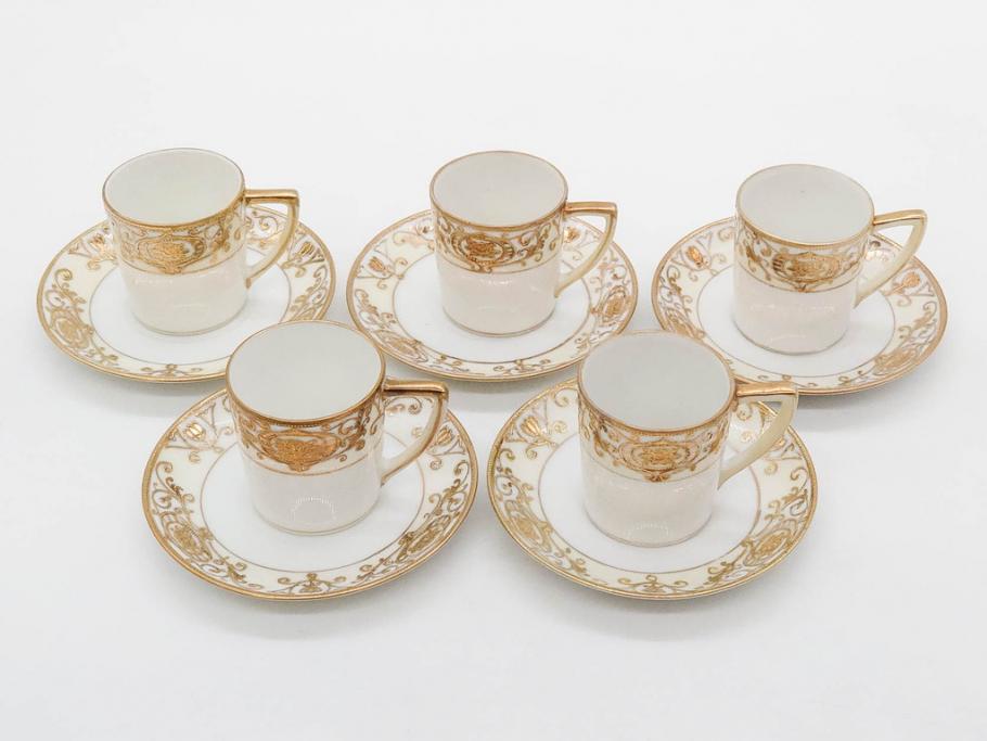 大正〜昭和初期　オールドノリタケ　NORITAKE　意匠登録　金彩　金盛　No.175　ハンドペイント　上品で華やかな佇まいのコーヒーポット・カップ&ソーサー・ソルト&ペッパーシェーカー・プレート2枚セット(デミタス、オーバル、深皿、C&S、洋食器)(R-083293)