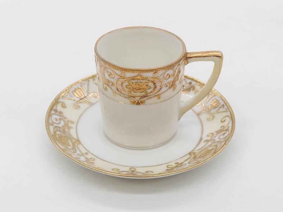 大正〜昭和初期　オールドノリタケ　NORITAKE　意匠登録　金彩　金盛　No.175　ハンドペイント　上品で華やかな佇まいのコーヒーポット・カップ&ソーサー・ソルト&ペッパーシェーカー・プレート2枚セット(デミタス、オーバル、深皿、C&S、洋食器)(R-083293)