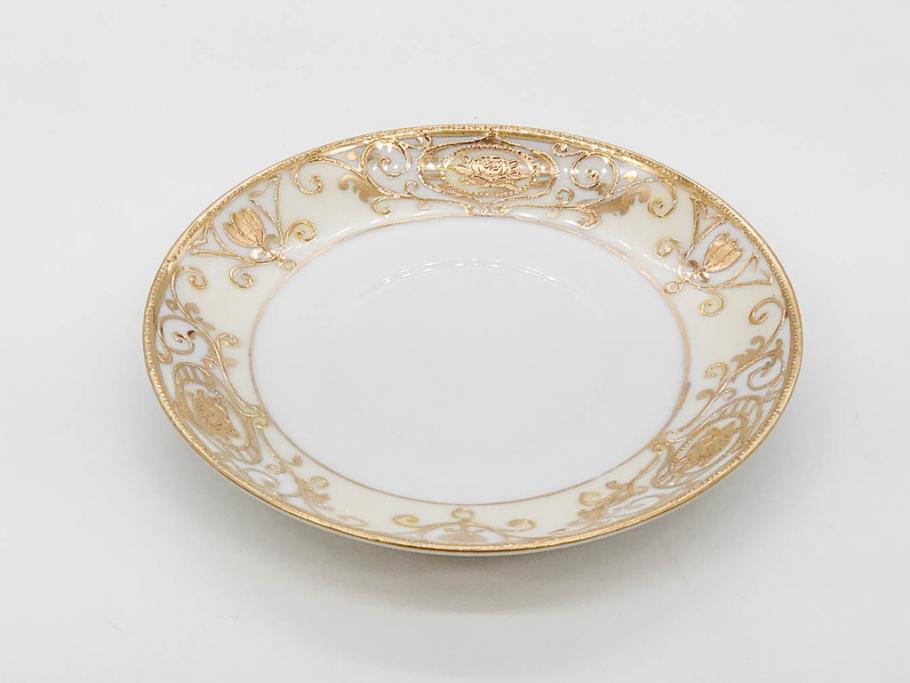 大正〜昭和初期　オールドノリタケ　NORITAKE　意匠登録　金彩　金盛　No.175　ハンドペイント　上品で華やかな佇まいのコーヒーポット・カップ&ソーサー・ソルト&ペッパーシェーカー・プレート2枚セット(デミタス、オーバル、深皿、C&S、洋食器)(R-083293)