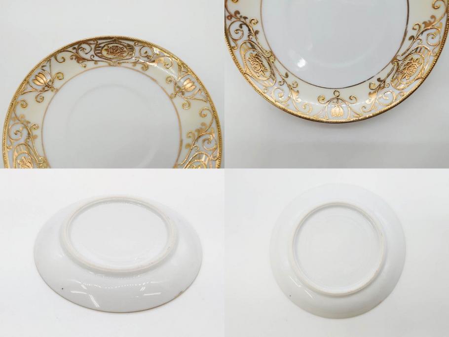 大正〜昭和初期　オールドノリタケ　NORITAKE　意匠登録　金彩　金盛　No.175　ハンドペイント　上品で華やかな佇まいのコーヒーポット・カップ&ソーサー・ソルト&ペッパーシェーカー・プレート2枚セット(デミタス、オーバル、深皿、C&S、洋食器)(R-083293)