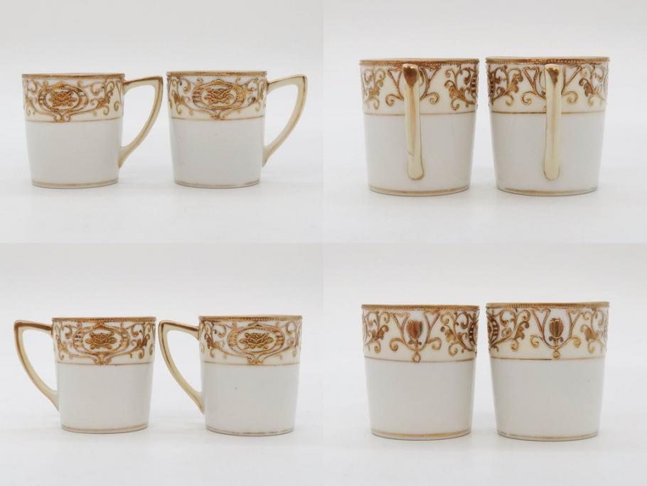 大正〜昭和初期　オールドノリタケ　NORITAKE　意匠登録　金彩　金盛　No.175　ハンドペイント　上品で華やかな佇まいのコーヒーポット・カップ&ソーサー・ソルト&ペッパーシェーカー・プレート2枚セット(デミタス、オーバル、深皿、C&S、洋食器)(R-083293)