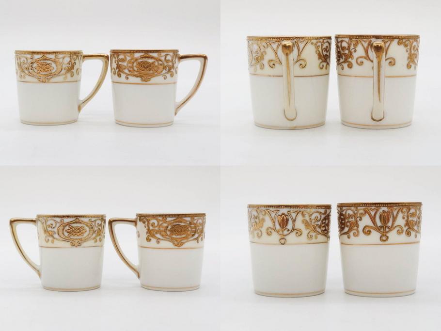 大正〜昭和初期　オールドノリタケ　NORITAKE　意匠登録　金彩　金盛　No.175　ハンドペイント　上品で華やかな佇まいのコーヒーポット・カップ&ソーサー・ソルト&ペッパーシェーカー・プレート2枚セット(デミタス、オーバル、深皿、C&S、洋食器)(R-083293)