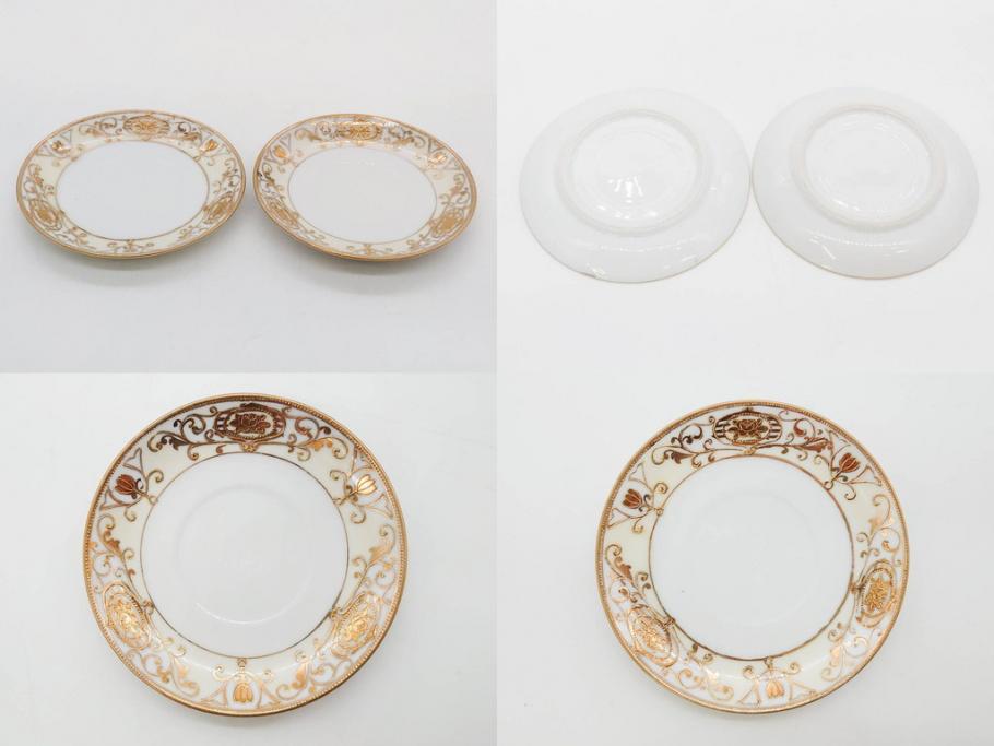 大正〜昭和初期　オールドノリタケ　NORITAKE　意匠登録　金彩　金盛　No.175　ハンドペイント　上品で華やかな佇まいのコーヒーポット・カップ&ソーサー・ソルト&ペッパーシェーカー・プレート2枚セット(デミタス、オーバル、深皿、C&S、洋食器)(R-083293)