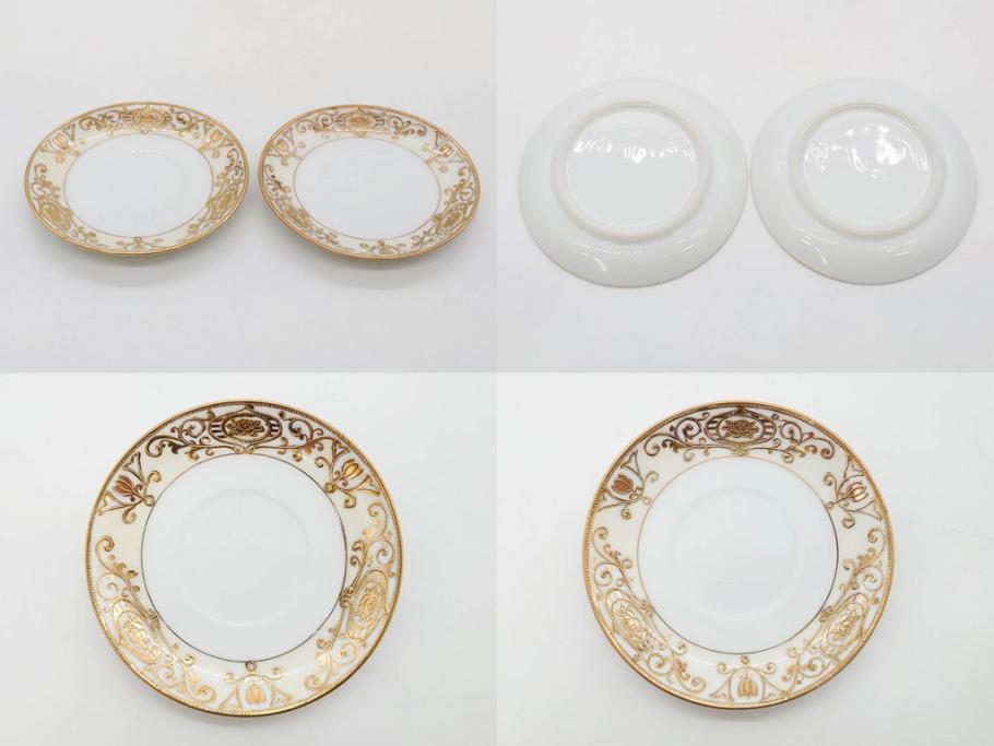 大正〜昭和初期　オールドノリタケ　NORITAKE　意匠登録　金彩　金盛　No.175　ハンドペイント　上品で華やかな佇まいのコーヒーポット・カップ&ソーサー・ソルト&ペッパーシェーカー・プレート2枚セット(デミタス、オーバル、深皿、C&S、洋食器)(R-083293)