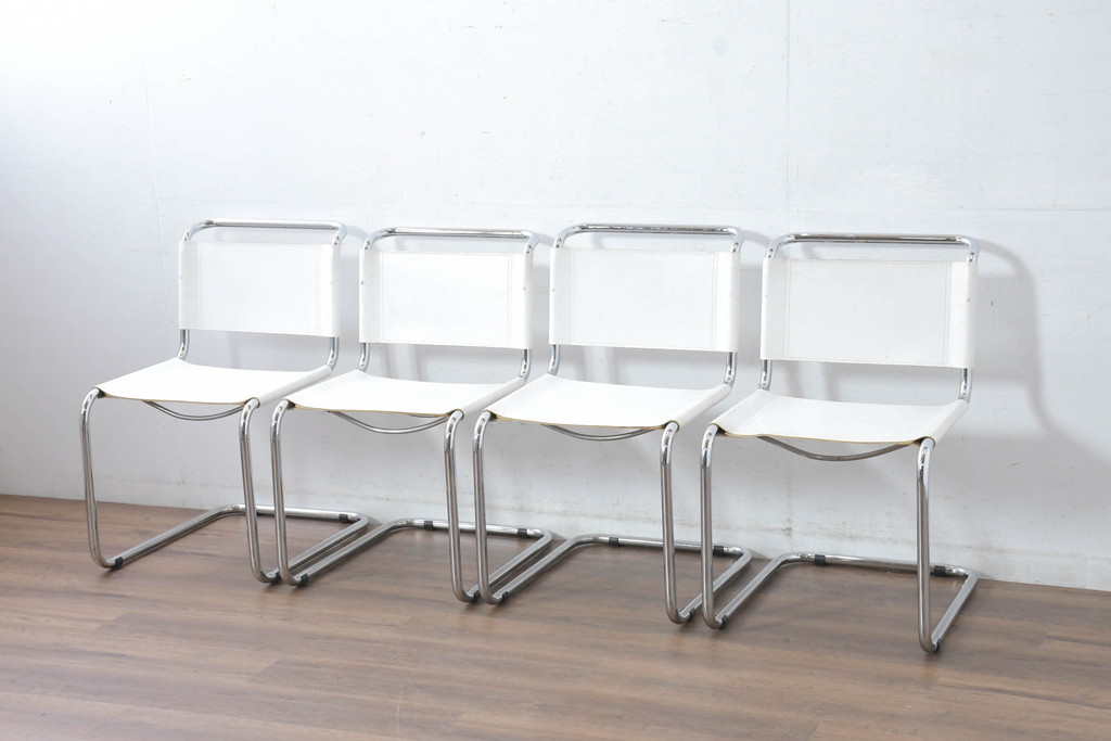 中古　美品　高級リプロダクト品　スティールライン(steelline)社製　マルト・スタムデザイン　S33　モダンで無駄のないフォルムが魅力のカンティレバーチェア4脚セット(本革チェア、ダイニングチェア、アームレスチェア、椅子、イス、バラ売り可能)(定価4脚で約42万円)(R-083393)