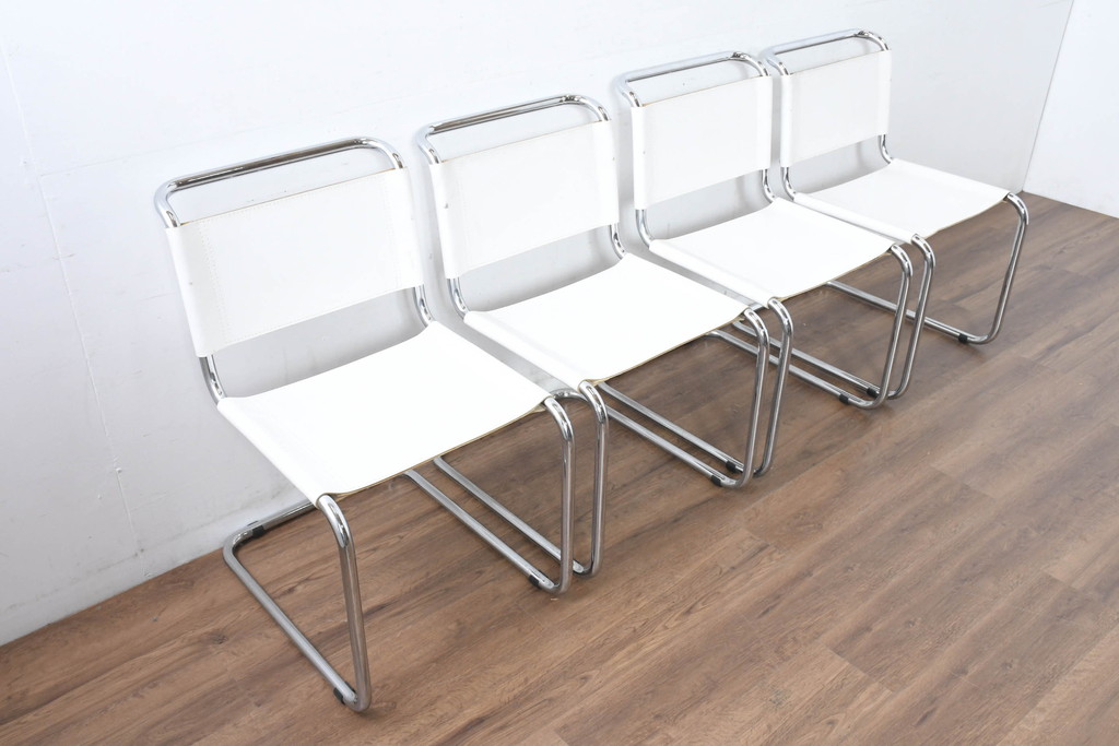 中古　美品　高級リプロダクト品　スティールライン(steelline)社製　マルト・スタムデザイン　S33　モダンで無駄のないフォルムが魅力のカンティレバーチェア4脚セット(本革チェア、ダイニングチェア、アームレスチェア、椅子、イス、バラ売り可能)(定価4脚で約42万円)(R-083393)