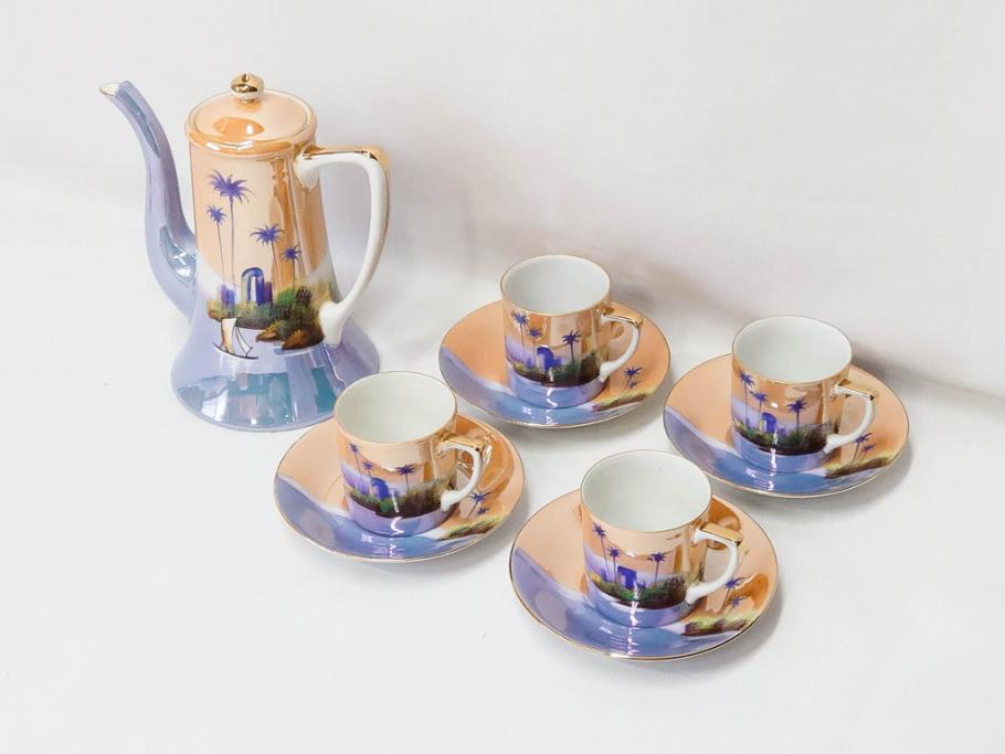 明治〜大正期　オールドノリタケ　NORITAKE　ラスター彩　金彩　コーヒーポット　デミタスカップ&ソーサー　異国情緒あふれるデザインが優雅なひとときを演出するコーヒーセット(風景、舟、船、マルキ印、オレンジ、C&S、洋食器)(R-083295)