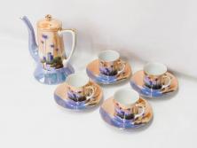 明治〜大正期　オールドノリタケ　NORITAKE　ラスター彩　金彩　コーヒーポット　デミタスカップ&ソーサー　異国情緒あふれるデザインが優雅なひとときを演出するコーヒーセット(風景、舟、船、マルキ印、オレンジ、C&S、洋食器)(R-083295)