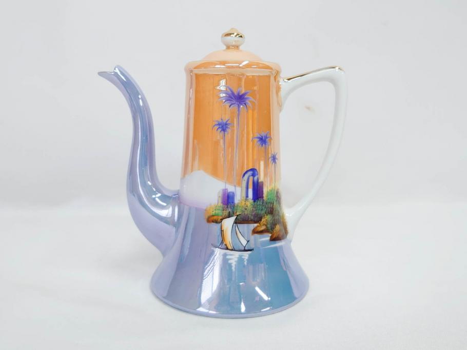 明治〜大正期　オールドノリタケ　NORITAKE　ラスター彩　金彩　コーヒーポット　デミタスカップ&ソーサー　異国情緒あふれるデザインが優雅なひとときを演出するコーヒーセット(風景、舟、船、マルキ印、オレンジ、C&S、洋食器)(R-083295)