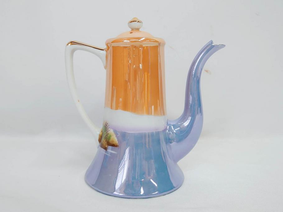 明治〜大正期　オールドノリタケ　NORITAKE　ラスター彩　金彩　コーヒーポット　デミタスカップ&ソーサー　異国情緒あふれるデザインが優雅なひとときを演出するコーヒーセット(風景、舟、船、マルキ印、オレンジ、C&S、洋食器)(R-083295)