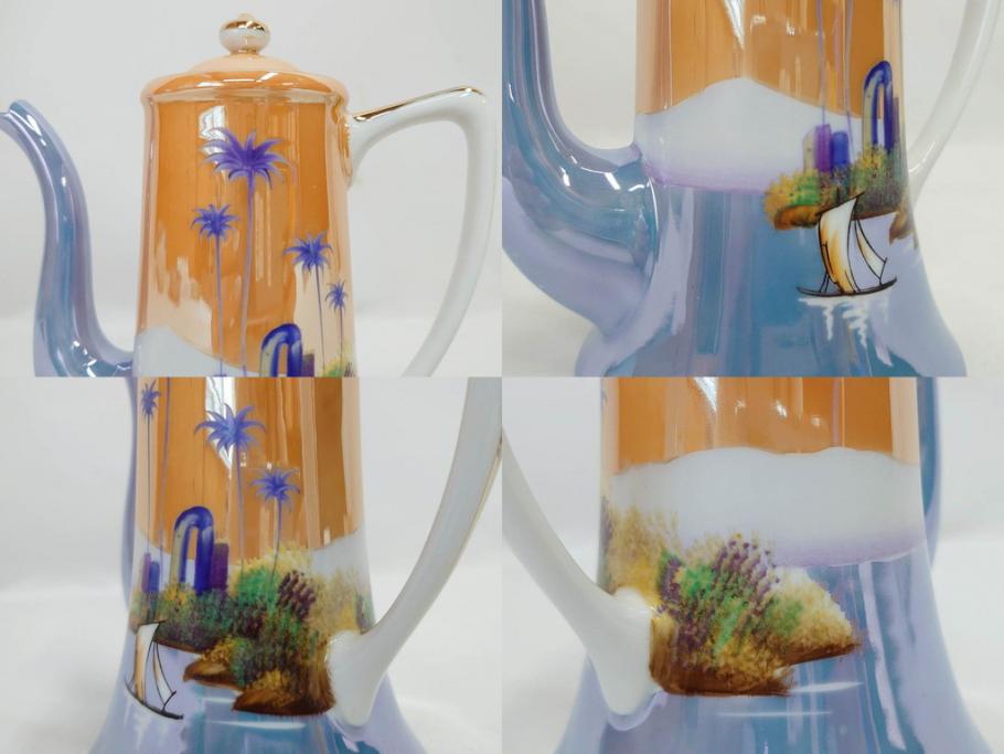 明治〜大正期　オールドノリタケ　NORITAKE　ラスター彩　金彩　コーヒーポット　デミタスカップ&ソーサー　異国情緒あふれるデザインが優雅なひとときを演出するコーヒーセット(風景、舟、船、マルキ印、オレンジ、C&S、洋食器)(R-083295)