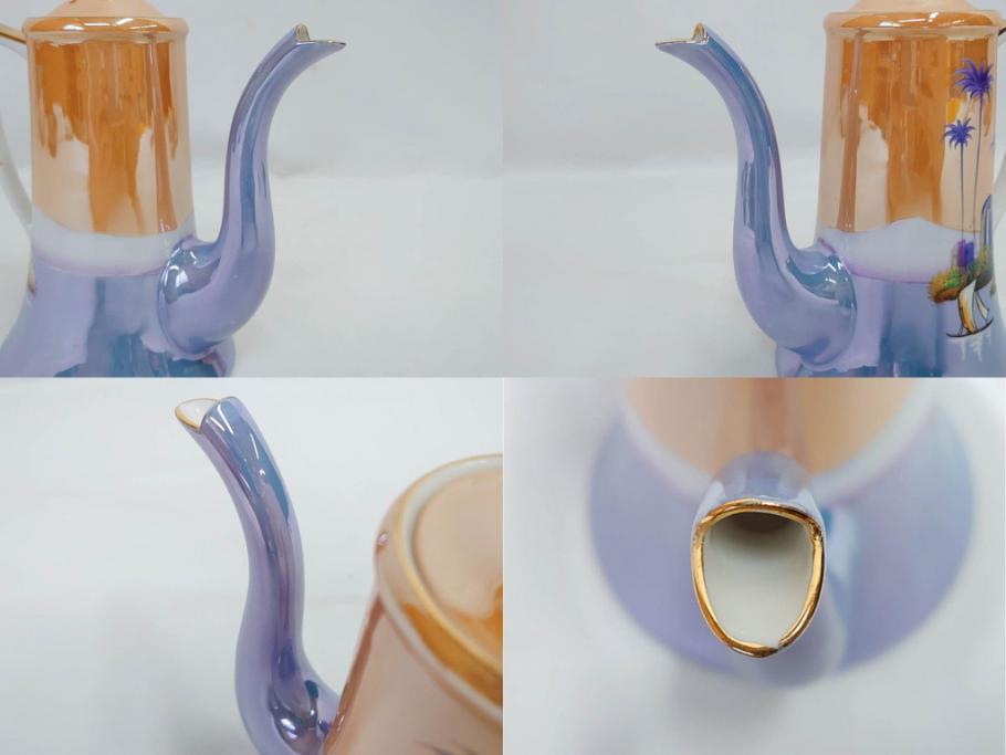 明治〜大正期　オールドノリタケ　NORITAKE　ラスター彩　金彩　コーヒーポット　デミタスカップ&ソーサー　異国情緒あふれるデザインが優雅なひとときを演出するコーヒーセット(風景、舟、船、マルキ印、オレンジ、C&S、洋食器)(R-083295)