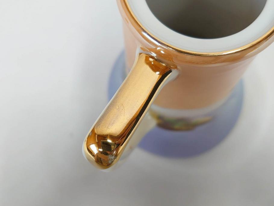 明治〜大正期　オールドノリタケ　NORITAKE　ラスター彩　金彩　コーヒーポット　デミタスカップ&ソーサー　異国情緒あふれるデザインが優雅なひとときを演出するコーヒーセット(風景、舟、船、マルキ印、オレンジ、C&S、洋食器)(R-083295)