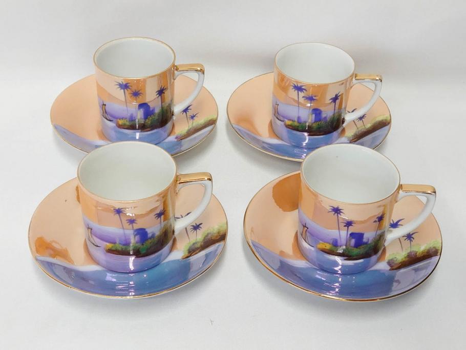 明治〜大正期　オールドノリタケ　NORITAKE　ラスター彩　金彩　コーヒーポット　デミタスカップ&ソーサー　異国情緒あふれるデザインが優雅なひとときを演出するコーヒーセット(風景、舟、船、マルキ印、オレンジ、C&S、洋食器)(R-083295)