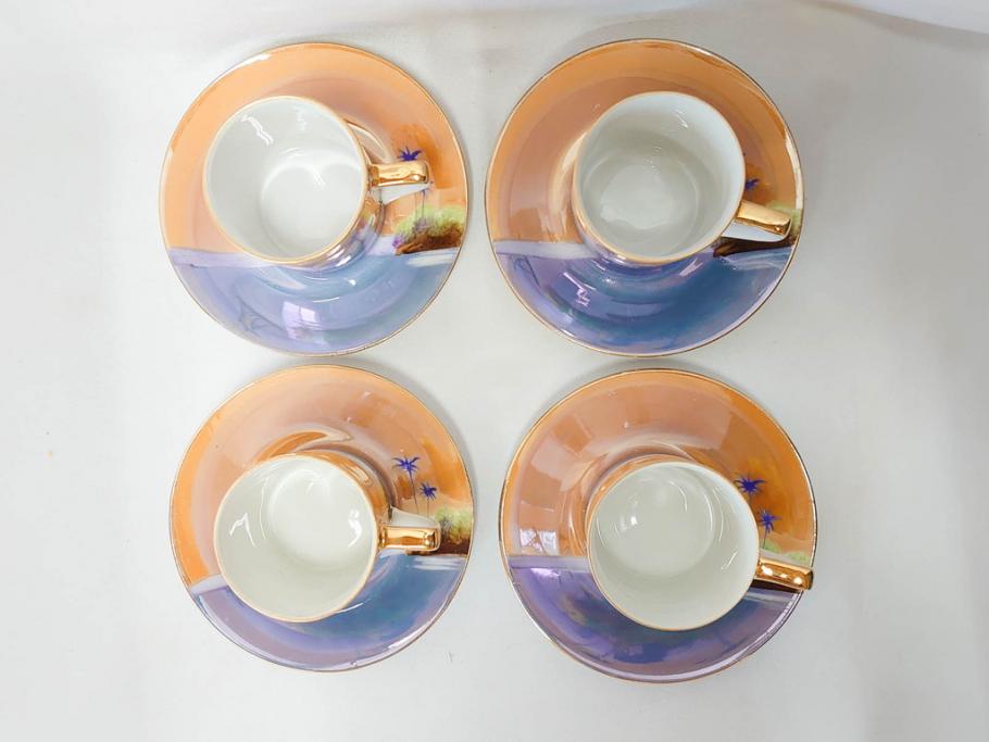 明治〜大正期　オールドノリタケ　NORITAKE　ラスター彩　金彩　コーヒーポット　デミタスカップ&ソーサー　異国情緒あふれるデザインが優雅なひとときを演出するコーヒーセット(風景、舟、船、マルキ印、オレンジ、C&S、洋食器)(R-083295)