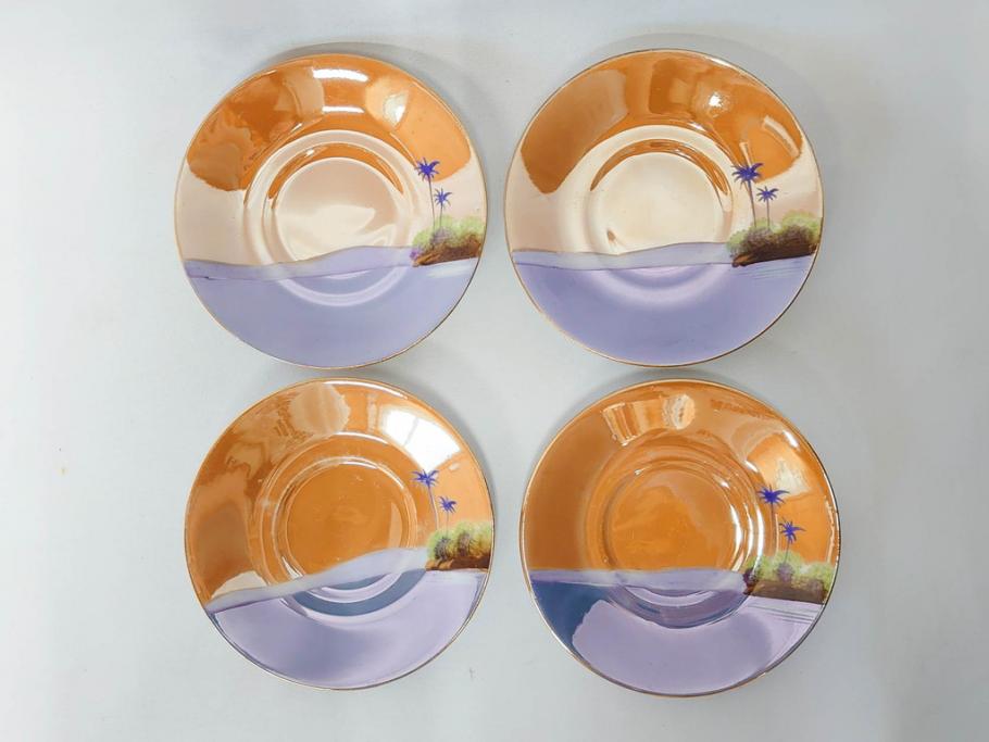 明治〜大正期　オールドノリタケ　NORITAKE　ラスター彩　金彩　コーヒーポット　デミタスカップ&ソーサー　異国情緒あふれるデザインが優雅なひとときを演出するコーヒーセット(風景、舟、船、マルキ印、オレンジ、C&S、洋食器)(R-083295)
