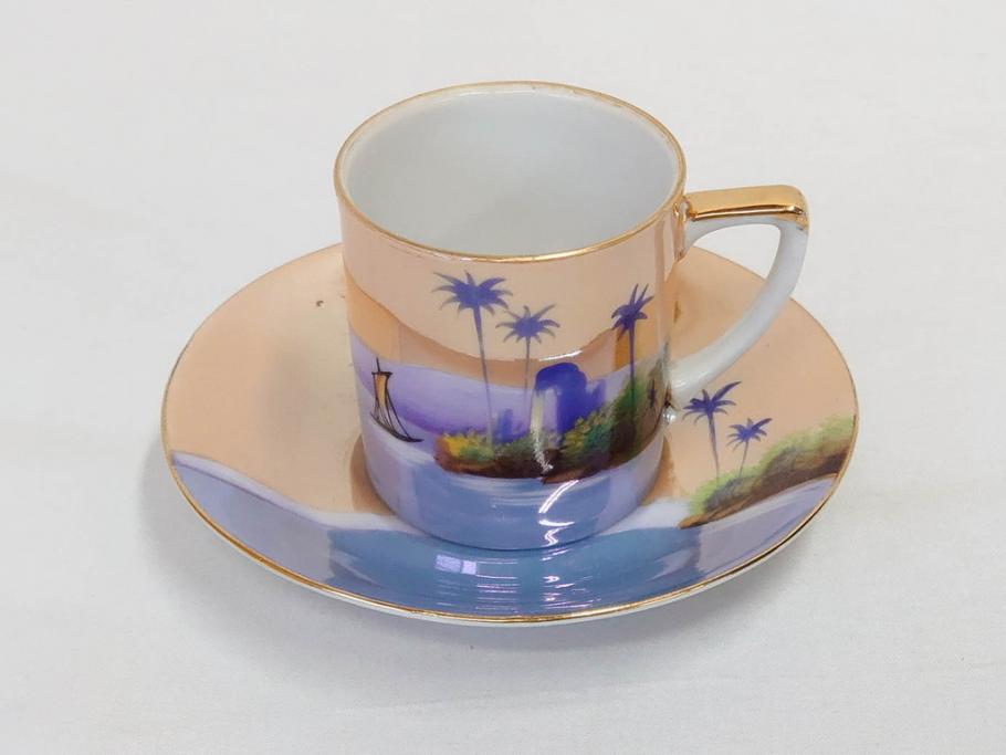 明治〜大正期　オールドノリタケ　NORITAKE　ラスター彩　金彩　コーヒーポット　デミタスカップ&ソーサー　異国情緒あふれるデザインが優雅なひとときを演出するコーヒーセット(風景、舟、船、マルキ印、オレンジ、C&S、洋食器)(R-083295)