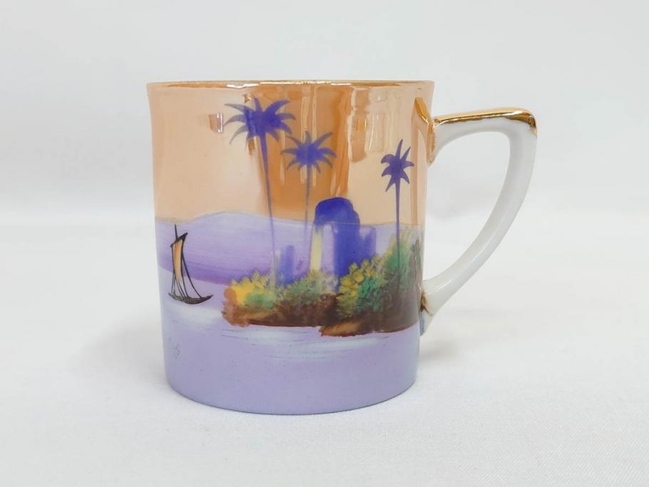 明治〜大正期　オールドノリタケ　NORITAKE　ラスター彩　金彩　コーヒーポット　デミタスカップ&ソーサー　異国情緒あふれるデザインが優雅なひとときを演出するコーヒーセット(風景、舟、船、マルキ印、オレンジ、C&S、洋食器)(R-083295)