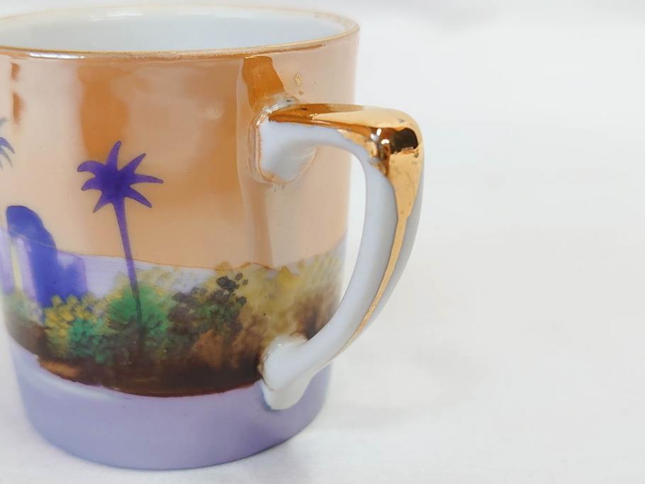 明治〜大正期　オールドノリタケ　NORITAKE　ラスター彩　金彩　コーヒーポット　デミタスカップ&ソーサー　異国情緒あふれるデザインが優雅なひとときを演出するコーヒーセット(風景、舟、船、マルキ印、オレンジ、C&S、洋食器)(R-083295)