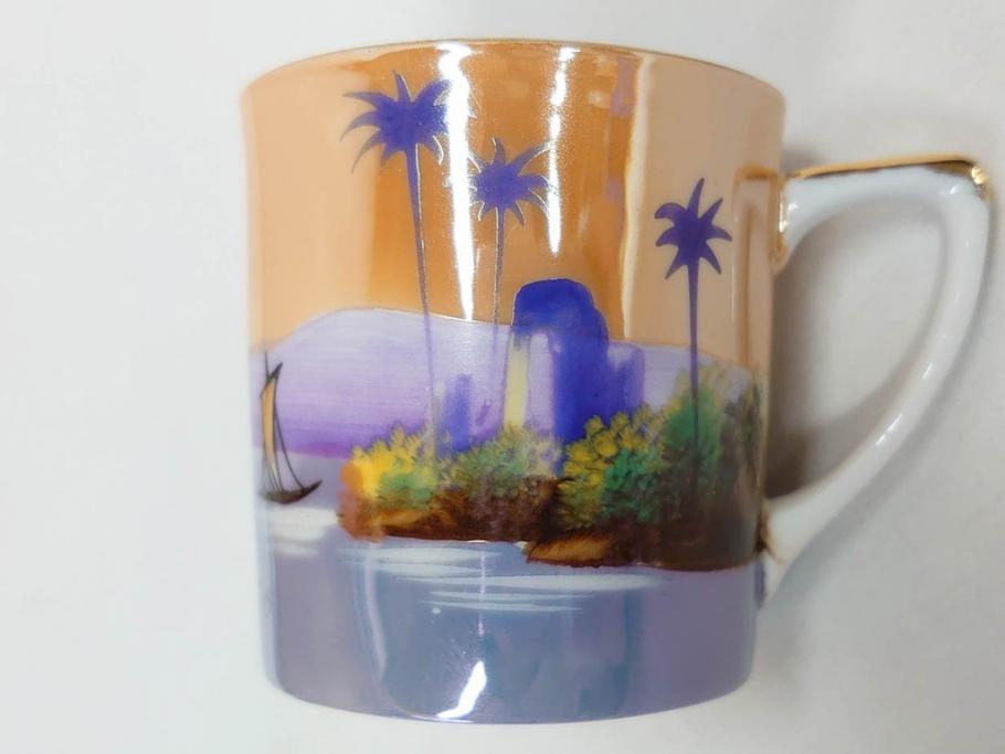明治〜大正期　オールドノリタケ　NORITAKE　ラスター彩　金彩　コーヒーポット　デミタスカップ&ソーサー　異国情緒あふれるデザインが優雅なひとときを演出するコーヒーセット(風景、舟、船、マルキ印、オレンジ、C&S、洋食器)(R-083295)