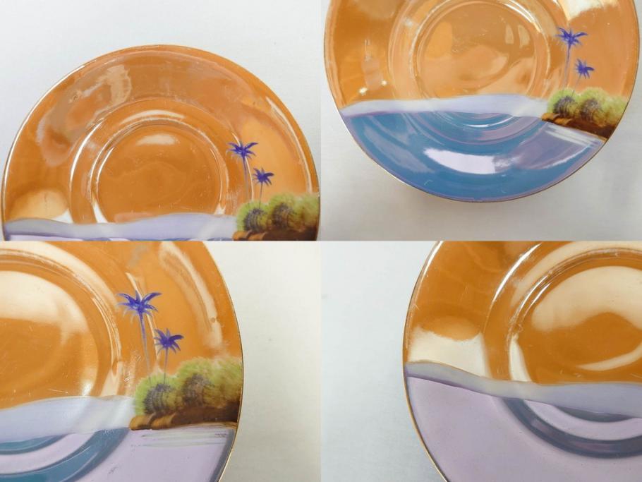 明治〜大正期　オールドノリタケ　NORITAKE　ラスター彩　金彩　コーヒーポット　デミタスカップ&ソーサー　異国情緒あふれるデザインが優雅なひとときを演出するコーヒーセット(風景、舟、船、マルキ印、オレンジ、C&S、洋食器)(R-083295)