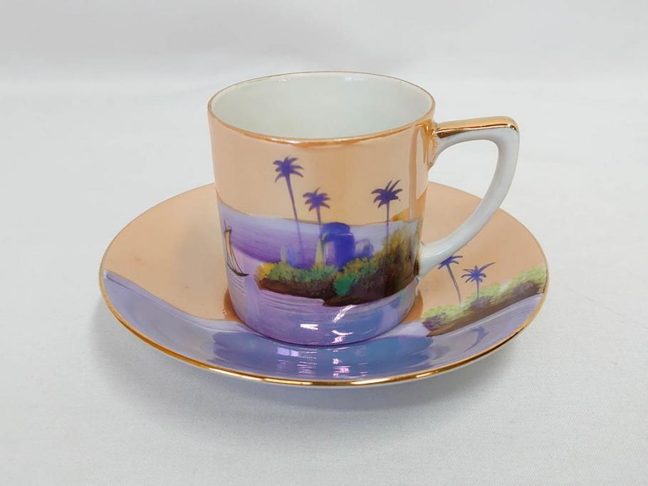 明治〜大正期　オールドノリタケ　NORITAKE　ラスター彩　金彩　コーヒーポット　デミタスカップ&ソーサー　異国情緒あふれるデザインが優雅なひとときを演出するコーヒーセット(風景、舟、船、マルキ印、オレンジ、C&S、洋食器)(R-083295)