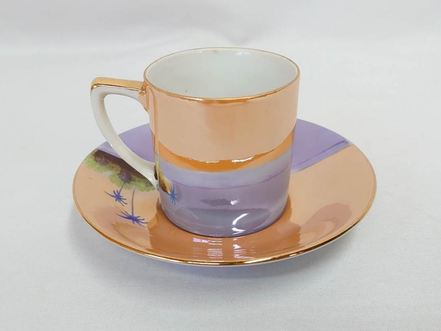明治〜大正期　オールドノリタケ　NORITAKE　ラスター彩　金彩　コーヒーポット　デミタスカップ&ソーサー　異国情緒あふれるデザインが優雅なひとときを演出するコーヒーセット(風景、舟、船、マルキ印、オレンジ、C&S、洋食器)(R-083295)