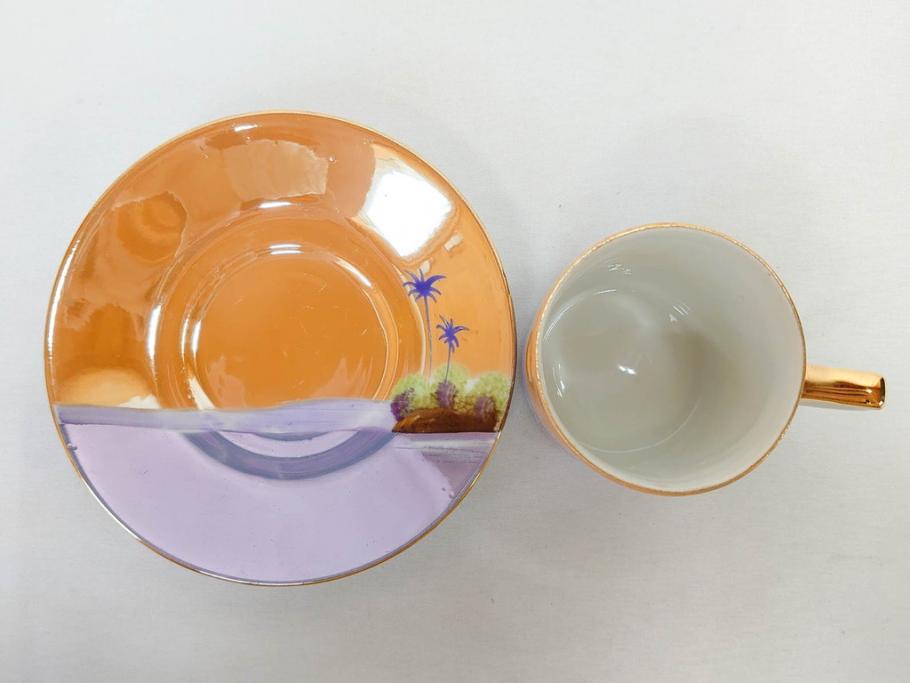 明治〜大正期　オールドノリタケ　NORITAKE　ラスター彩　金彩　コーヒーポット　デミタスカップ&ソーサー　異国情緒あふれるデザインが優雅なひとときを演出するコーヒーセット(風景、舟、船、マルキ印、オレンジ、C&S、洋食器)(R-083295)