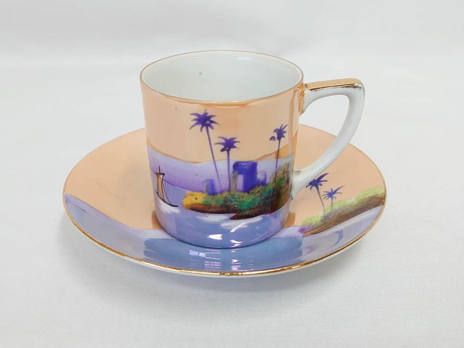 明治〜大正期　オールドノリタケ　NORITAKE　ラスター彩　金彩　コーヒーポット　デミタスカップ&ソーサー　異国情緒あふれるデザインが優雅なひとときを演出するコーヒーセット(風景、舟、船、マルキ印、オレンジ、C&S、洋食器)(R-083295)