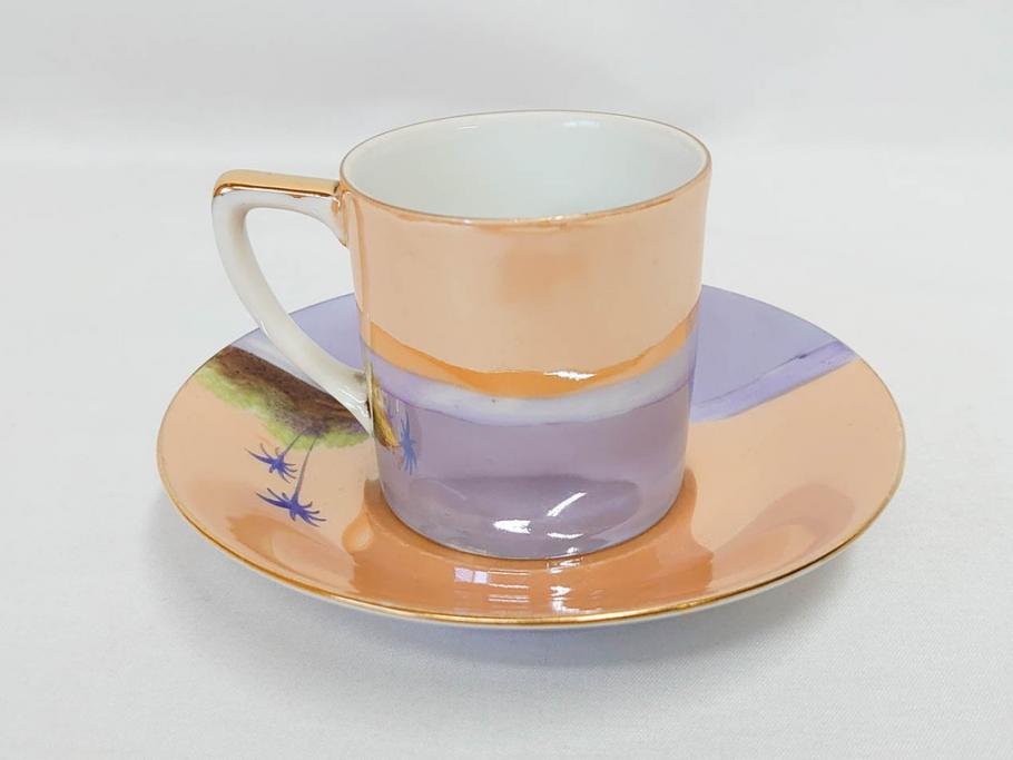 明治〜大正期　オールドノリタケ　NORITAKE　ラスター彩　金彩　コーヒーポット　デミタスカップ&ソーサー　異国情緒あふれるデザインが優雅なひとときを演出するコーヒーセット(風景、舟、船、マルキ印、オレンジ、C&S、洋食器)(R-083295)