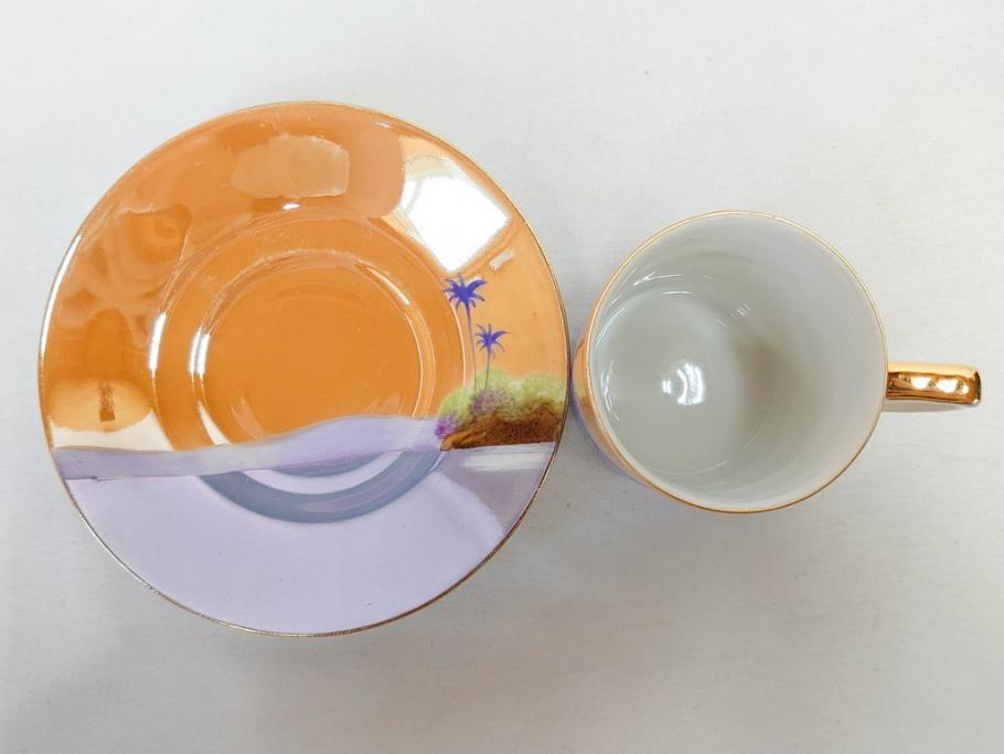 明治〜大正期　オールドノリタケ　NORITAKE　ラスター彩　金彩　コーヒーポット　デミタスカップ&ソーサー　異国情緒あふれるデザインが優雅なひとときを演出するコーヒーセット(風景、舟、船、マルキ印、オレンジ、C&S、洋食器)(R-083295)