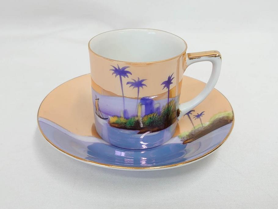 明治〜大正期　オールドノリタケ　NORITAKE　ラスター彩　金彩　コーヒーポット　デミタスカップ&ソーサー　異国情緒あふれるデザインが優雅なひとときを演出するコーヒーセット(風景、舟、船、マルキ印、オレンジ、C&S、洋食器)(R-083295)