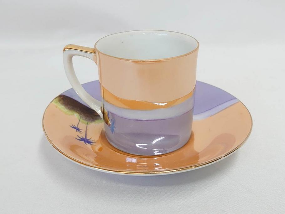 明治〜大正期　オールドノリタケ　NORITAKE　ラスター彩　金彩　コーヒーポット　デミタスカップ&ソーサー　異国情緒あふれるデザインが優雅なひとときを演出するコーヒーセット(風景、舟、船、マルキ印、オレンジ、C&S、洋食器)(R-083295)